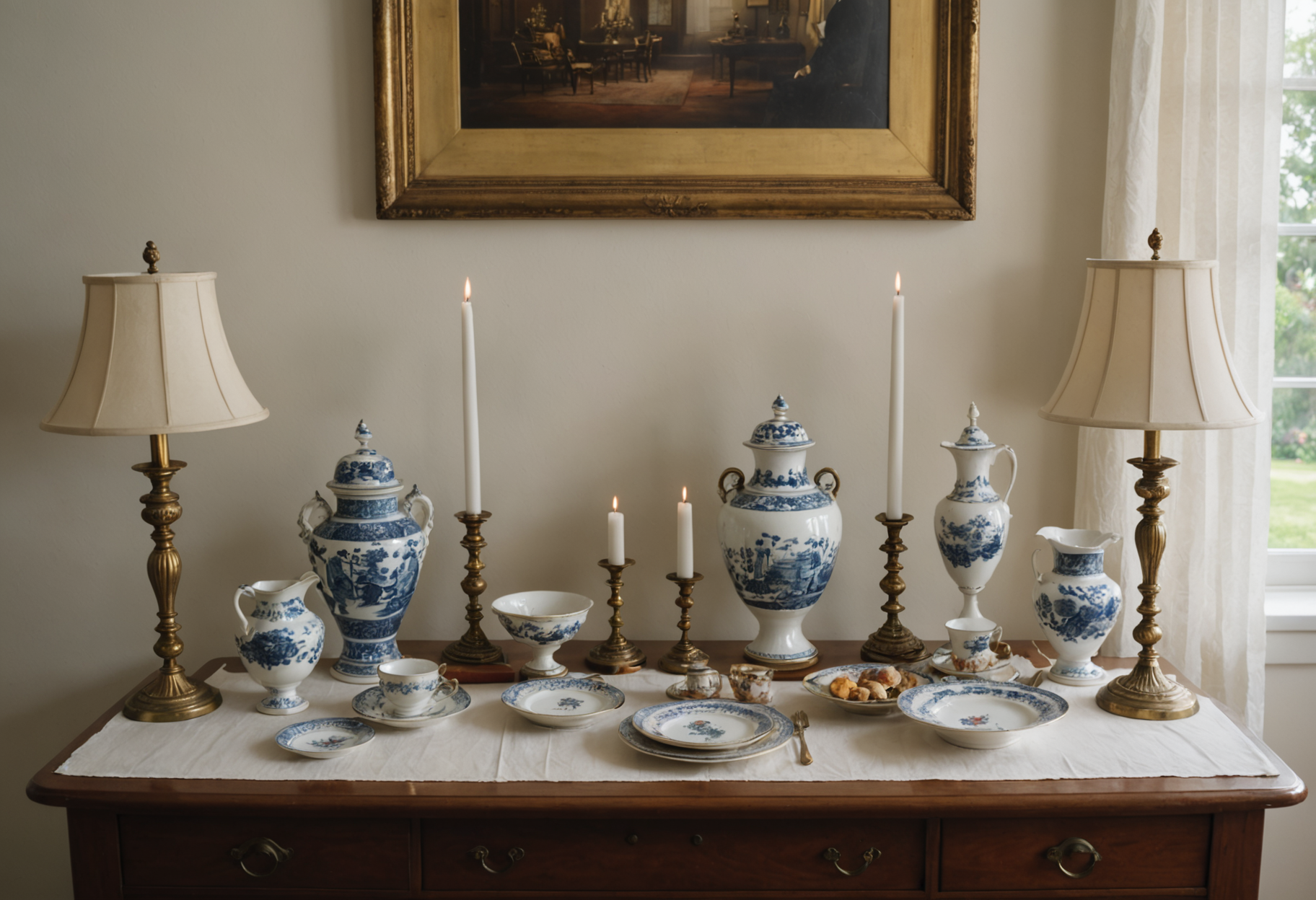 Neatly organized estate sale tables displaying antiques, furniture, and collectibles under bright indoor lighting