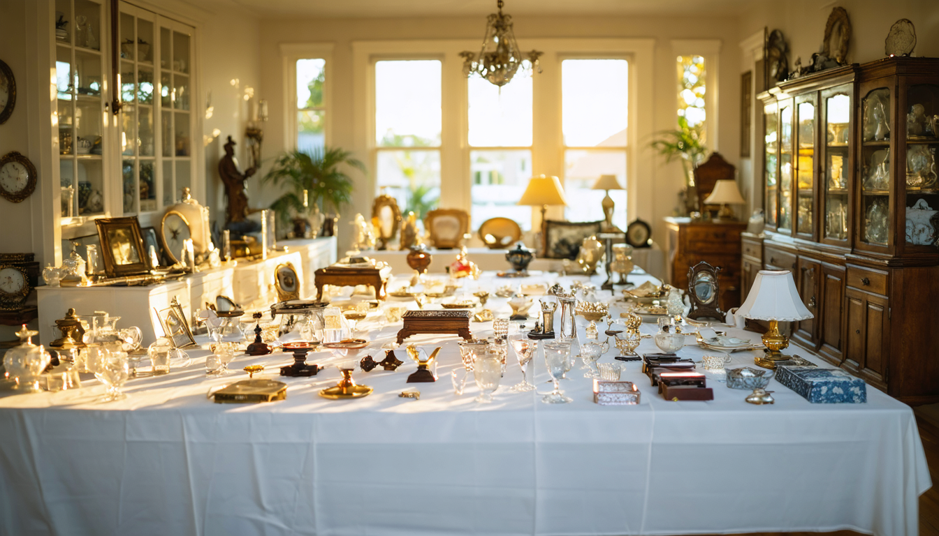 Neatly organized estate sale tables displaying antiques, furniture, and collectibles in a Volusia County home