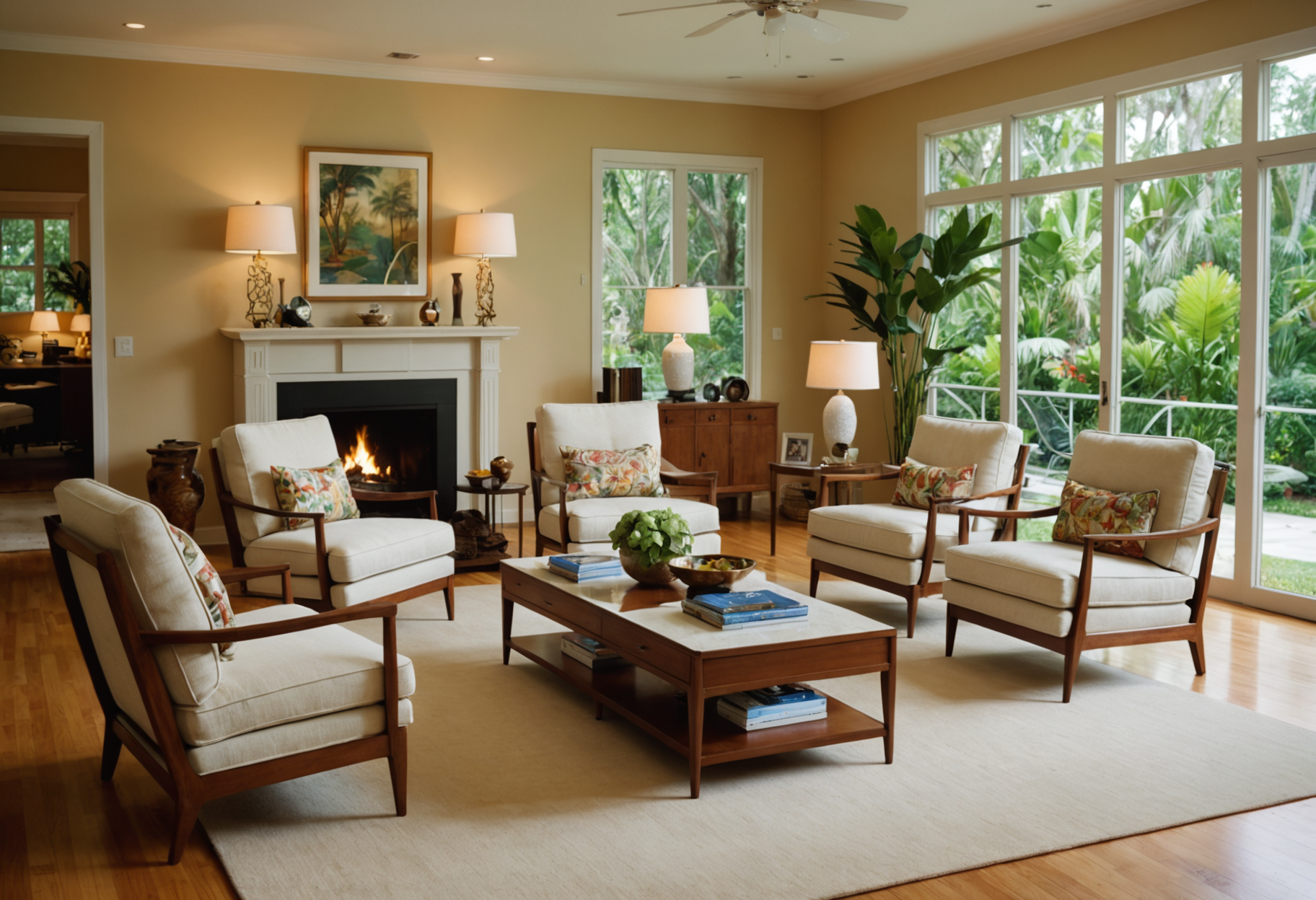 Rows of estate items arranged and staged in a cleared living room, ready for sale day
