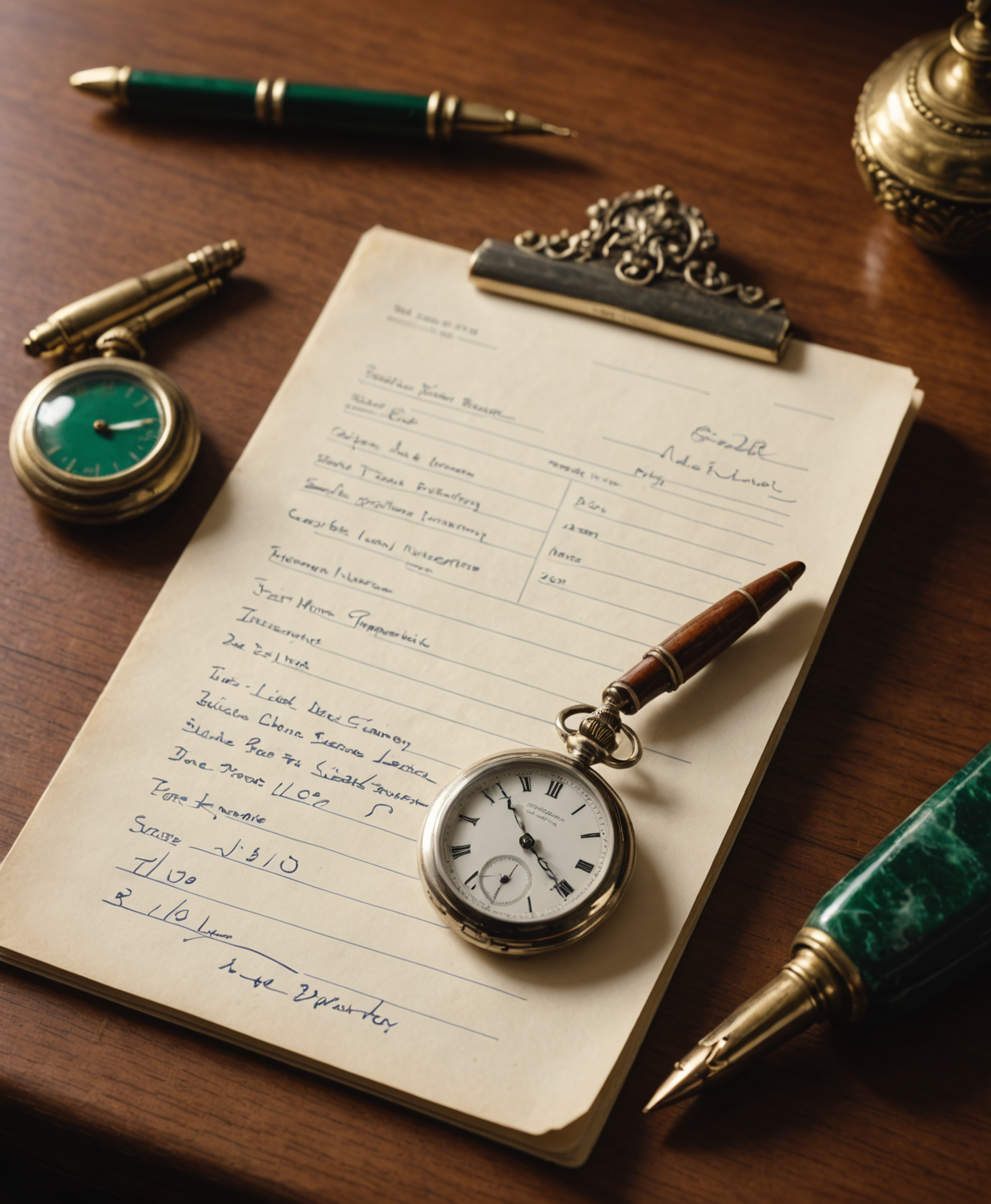 Hand-written inventory list on a clipboard beside appraised valuables at an estate sale